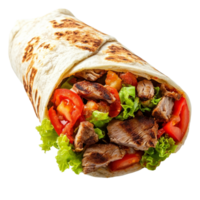 Enjoying a fresh shawarma wrap with succulent meat and crisp vegetables against a clean transparent background, Delicious shawarma isolated on transparent background or transparent backgroud png