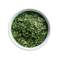 Dried parsley in a transparent bowl on a transparent background ready for culinary use in cooking or garnishing dishes, Dried parsley in a transparent bowl on transparent background png