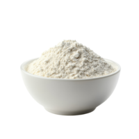 A transparent bowl filled with a freshly prepared pile of flour isolated on a transparent background for culinary use and baking, Pile of flour in transparent bowl isolated on alpha layer png