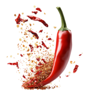 Chili pepper bursting with chili flakes against a transparent background in vibrant colors, Chili flakes bursting out from red chili pepper over transparent background png
