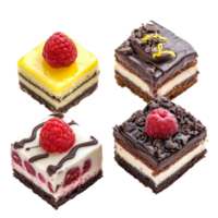 Delicious selection of chocolate raspberry, chocolate black forest, lemon and raspberry desserts displayed, Chocolate, Raspberry Chocolate, Black Forest, and Lemon Cakes on transparent background png