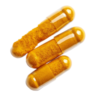 Turmeric capsules filled with bright yellow powder on a clean transparent background showcasing natural health benefits, Turmeric Capsule on transparent background png