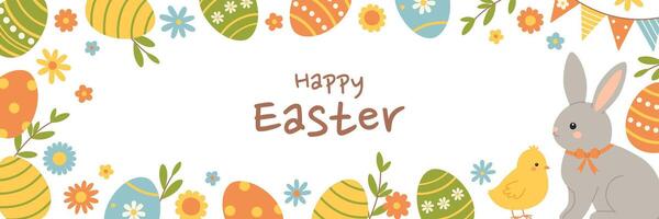 Happy Easter horizontal banner with colorful eggs, flowers, branches, rabbit and chick. Spring holiday design with cute elements in pastel colors. Flat illustration for poster, greeting card vector