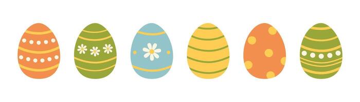 Set of colorful easter eggs in yellow, green, blue and orange colors. Decorated eggs with stripes, polka dots and daisies. Spring holiday. Flat illustration isolated on white background vector