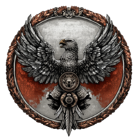 Stylized eagle emblem with wings, shield, and intricate details, designed in Germany, designed and developed in germany badge png