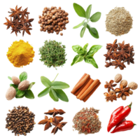Variety of spices and herbs arranged on a transparent background for culinary inspiration and presentation, Spices and Herbs Isolated on transparent Background png