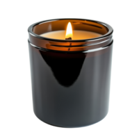 Burning Candle in Black Glass Jar on transparent background. png