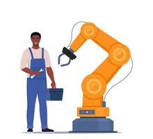 Robotic arm. Industrial tool mechanical robot arm machine hydraulic equipment. Black man repairing automated machine hand. Mechanic in uniform with toolbox and wrench in his hand. illustration. vector