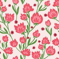 A cheerful pattern of red field flowers and leaves on a pale background. vector