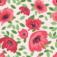 a pattern with red field flowers and leaves on a light background vector