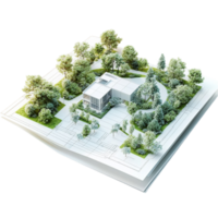 3D Architecture Design of House with Trees and Bushes png