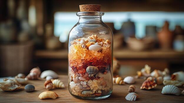 A glass bottle filled with colorful sand, shells and other unique items, a composition hiding a secret meaning. photo