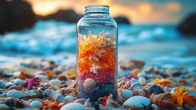 A hypnotic magical glass bottle filled with colorful sand, shells and other objects representing a composition of eternal beauty. photo