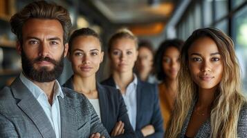 A self-confident entrepreneur stands at full height with a team of versatile people around him. photo