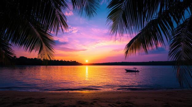 A boat is floating on the ocean near a palm tree photo