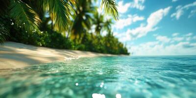 A beautiful beach scene with palm trees and clear blue water photo