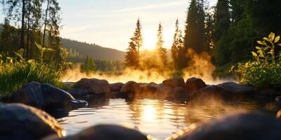 A hot spring with steam rising from it and a beautiful sunset in the background photo