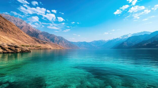 A beautiful blue lake with mountains in the background photo