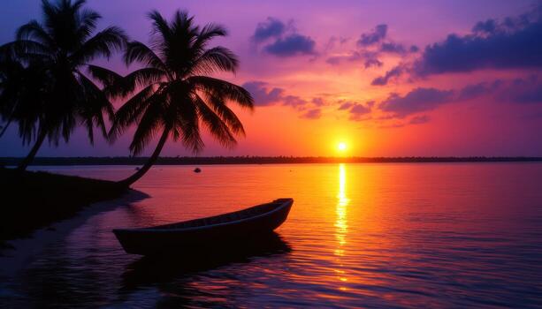 A boat is floating in the ocean next to a palm tree photo