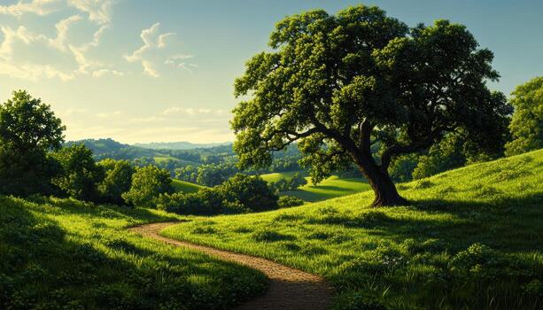 A path winds through a lush green field with a large tree in the foreground photo
