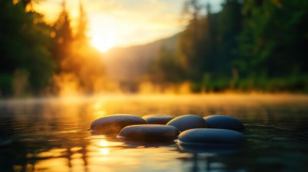 un grupo de rocas son flotante en un lago a puesta de sol foto