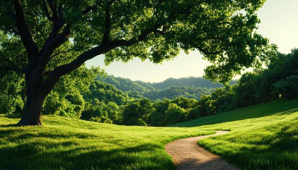 A large tree stands in a lush green field, with a path leading through it photo