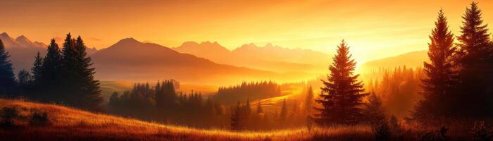 A beautiful sunset over a mountain range with trees in the foreground photo