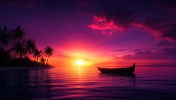 A boat is floating on a calm ocean at sunset photo
