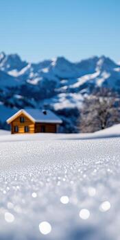 A small house is in the snow next to a mountain photo
