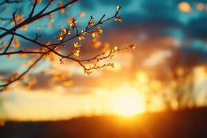 A tree branch with leaves and a sun in the background photo