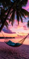 A hammock is hanging from a palm tree on a beach at sunset photo