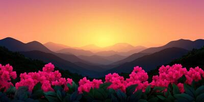 A beautiful mountain landscape with a pink flower field in the foreground photo