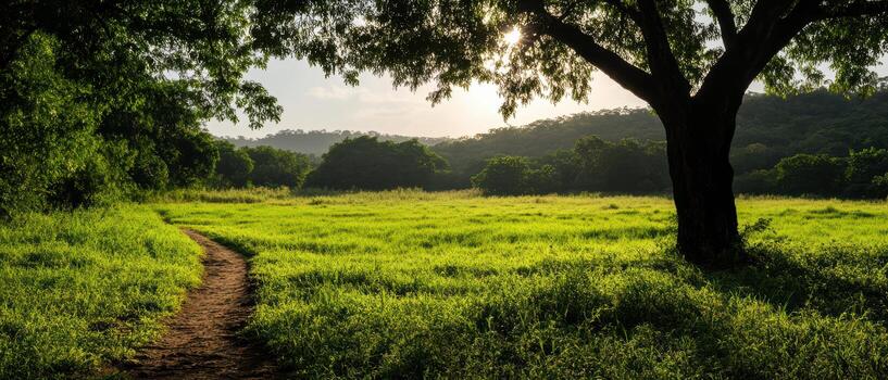 A path leads to a large tree in a grassy field photo
