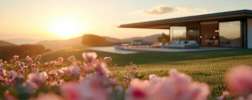 A house with a large patio and a beautiful garden with pink flowers photo