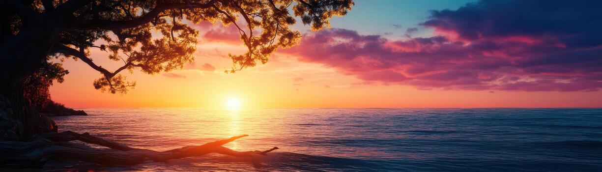 A beautiful sunset over the ocean with a tree in the foreground photo