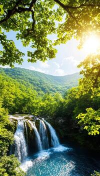 un cascada es rodeado por arboles y un claro azul cielo foto