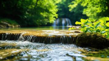 A stream of water flows over a rock, with green plants growing on the rock photo