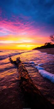 A long log is floating in the ocean near the shore photo