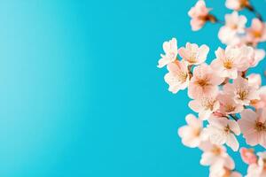 A blue background with a pink flower on the right photo