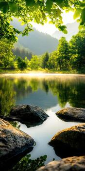 un sereno lago rodeado por arboles y rocas foto
