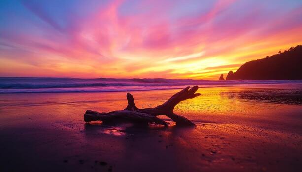 A long log is on the beach at sunset photo