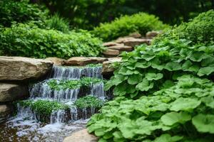 A small waterfall flows over a rock wall in a lush green garden photo