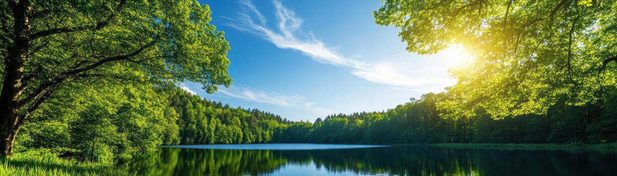 un hermosa lago rodeado por arboles con un brillante azul cielo foto