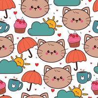 seamless pattern cute cartoon cat with cupcake and sky element. cute animal pattern for wallpaper, background and gift wrap paper vector