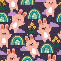 seamless pattern cute cartoon bunny with sky element and flower. cute animal drawing for valentine wallpaper, pattern, background vector