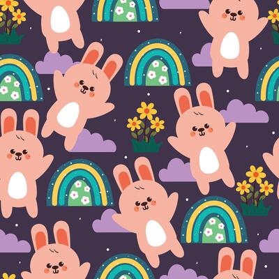 seamless pattern cute cartoon bunny with sky element and flower. cute animal drawing for valentine wallpaper, pattern, background