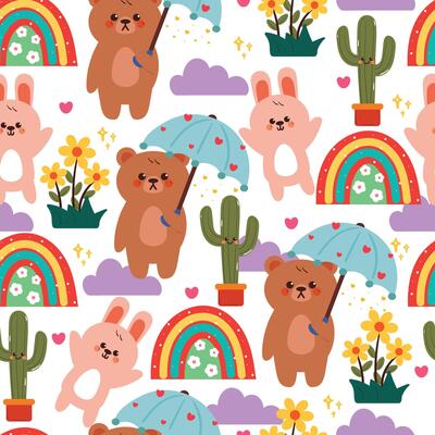 seamless pattern cartoon bear and bunny with sky element and plant. cute animal wallpaper for fabric print, gift wrap paper