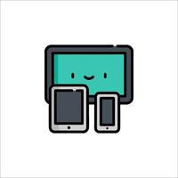A cartoon character is sitting on a computer and a tablet vector