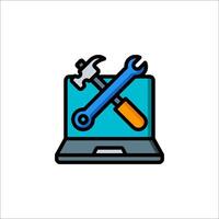 A laptop with a wrench and hammer icon vector