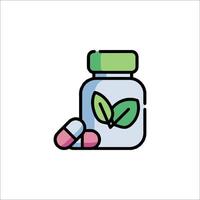 Pill bottle with green leaf and pills on white background vector